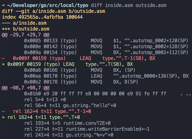 diff of two assembly codes on the fn function